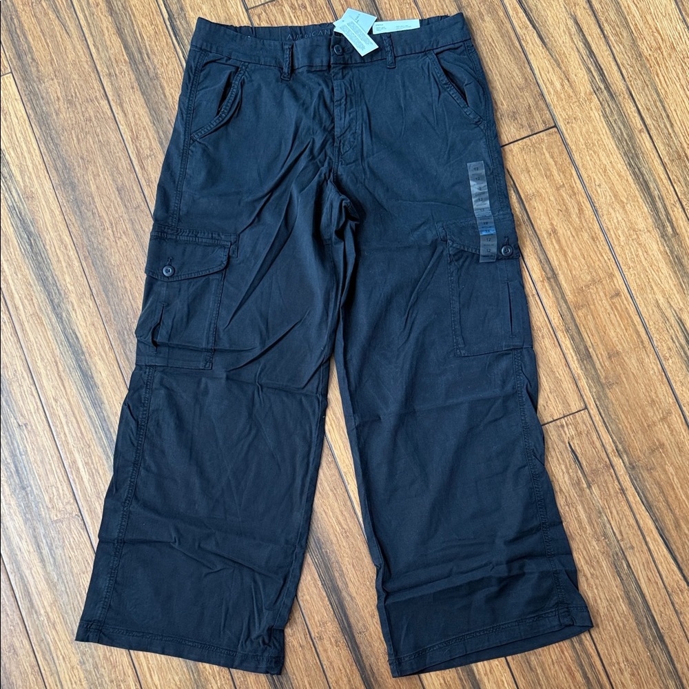 American Eagle Outfitters Sz 12/14 Dreamy Drape Baggy Wide Leg Black Cargo Pants